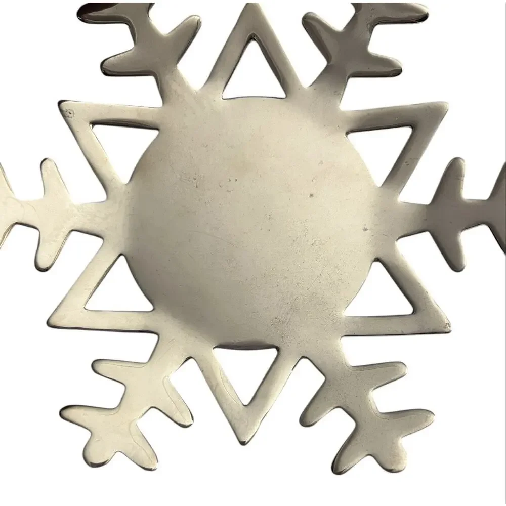 Crate & Barrel 7” Winter Silver Snowflake Plate Candle Pillar Holder Shiny